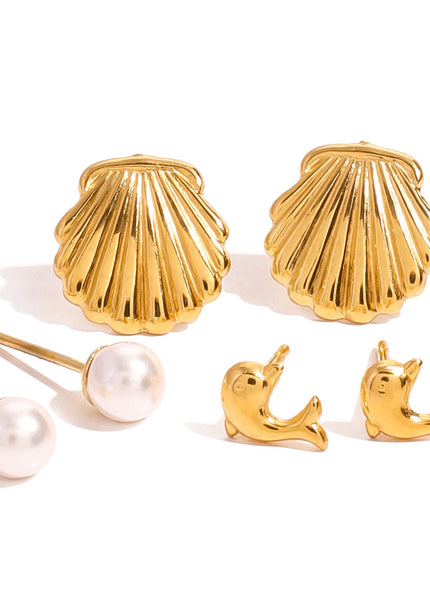 Jieding European and American stainless steel pearl stud earrings high-end dolphin shell earrings, titanium steel jewelry, cross-border earring