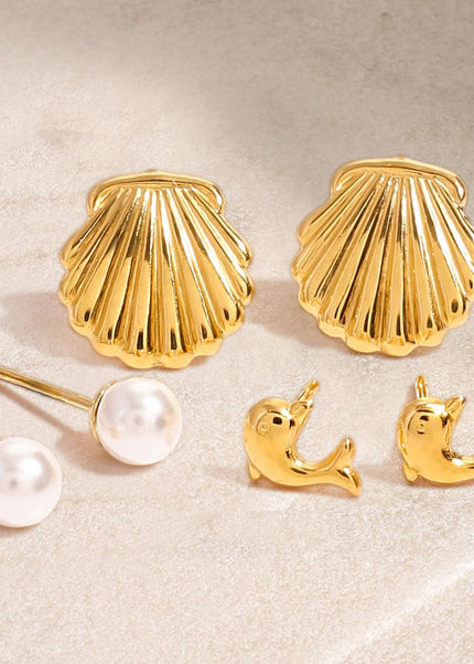 Jieding European and American stainless steel pearl stud earrings high-end dolphin shell earrings, titanium steel jewelry, cross-border earring