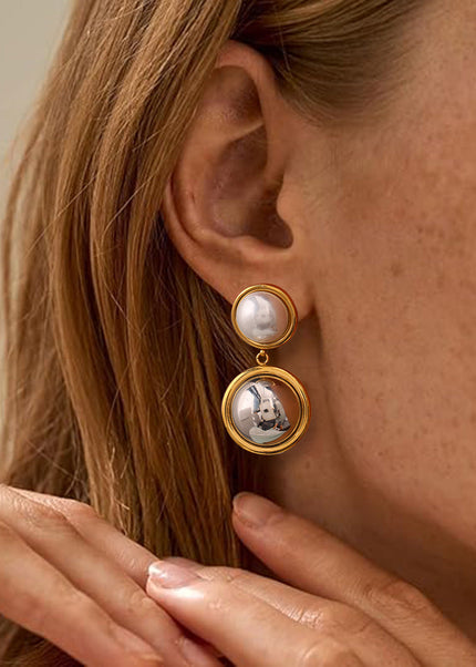 Jieding European and American stainless steel color-blocked pearl stud earrings high-end niche light luxury earrings, titanium steel earrings, cross-border jewelry