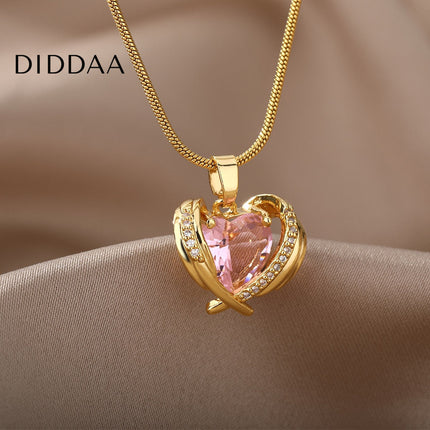 Troublan Pendant Necklace | Gold Pink Zirconia Stone Chain - Gold - Necklaces