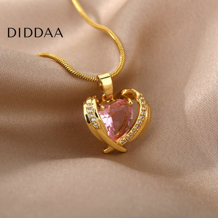 Troublan Pendant Necklace | Gold Pink Zirconia Stone Chain - Gold - Necklaces