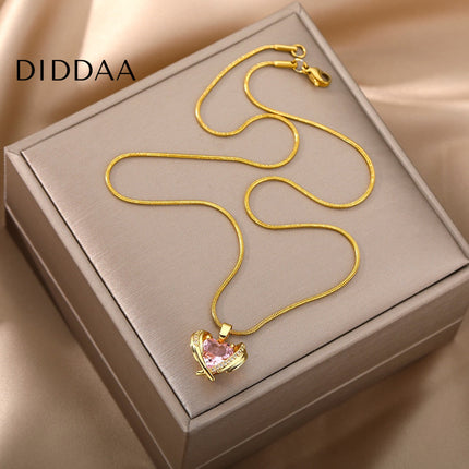 Troublan Pendant Necklace | Gold Pink Zirconia Stone Chain - Gold - Necklaces