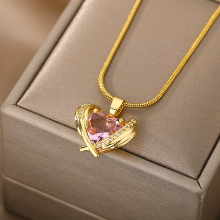 Troublan Pendant Necklace | Gold Pink Zirconia Stone Chain - Gold - Necklaces