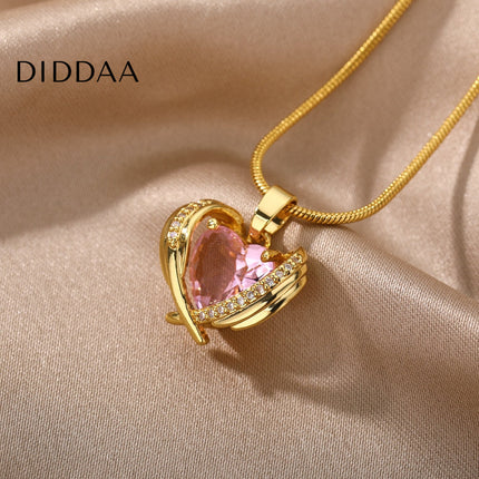 Troublan Pendant Necklace | Gold Pink Zirconia Stone Chain - Gold - Necklaces