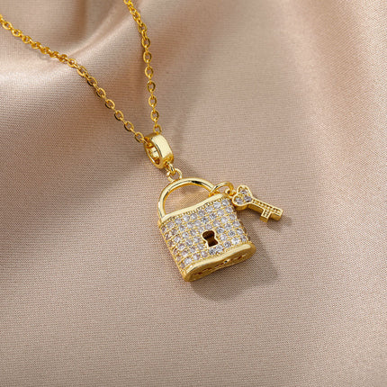 SOUVOIR 14K Gold Plated, Zirconia Necklaces Tuvalu Pendant Necklace | Gold Zirconia Lock & Key Chain