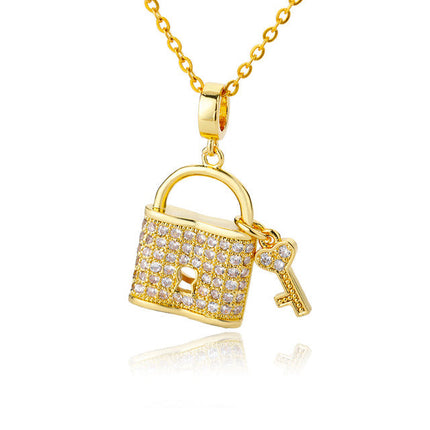 SOUVOIR 14K Gold Plated, Zirconia Necklaces Tuvalu Pendant Necklace | Gold Zirconia Lock & Key Chain