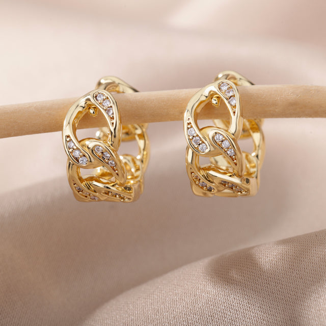 SOUVOIR White 14K Gold Plated, Zirconia Earrings Twisted Earrings | Gold Zirconia Chain Link Hoop Earrings