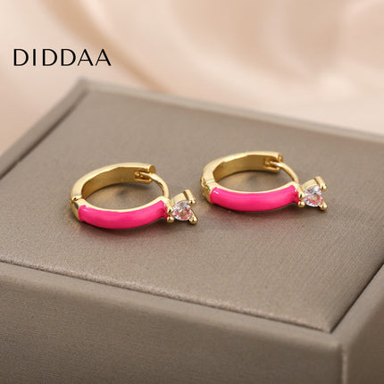Velvet Earrings | Gold White Zirconia Cute Hoop Earrings - Pink - Earrings