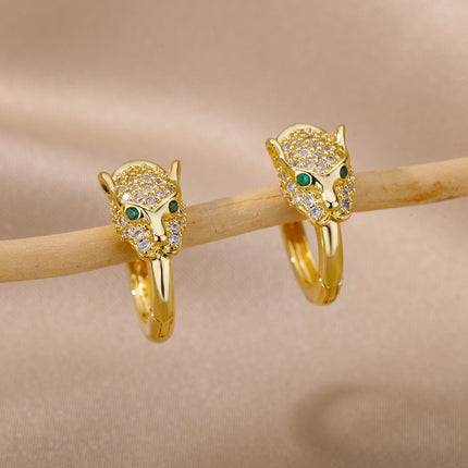SOUVOIR Gold 14K Gold Plated, Zirconia Earrings Verde Earrings | Gold Zirconia Panther Animal Hoop Earrings