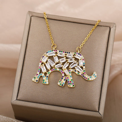 Vianda Pendant Necklace | Gold Colorful Zirconia Elephant - Necklaces