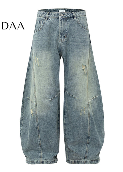 Vintage Wash Distressed Wide-Leg Banana Pants - S / Blue - Women’s Jeans