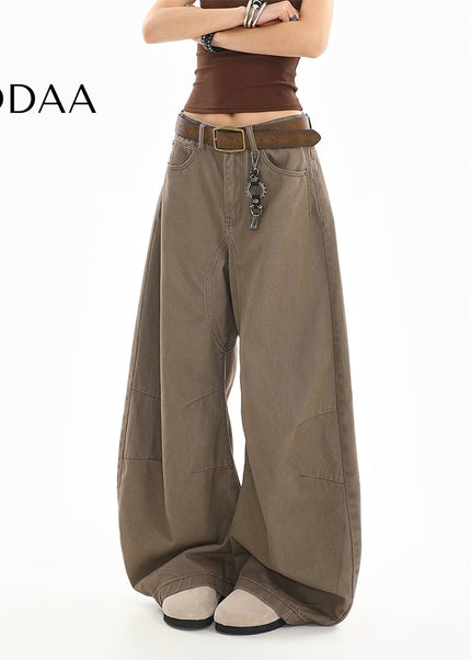 Washed Black Curved Design Loose Straight-Leg Jeans - S / Brown - Women’s Jeans