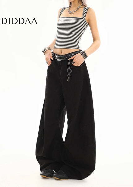 Washed Black Curved Design Loose Straight-Leg Jeans - Women’s Jeans