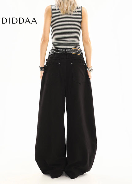 Washed Black Curved Design Loose Straight-Leg Jeans - Women’s Jeans