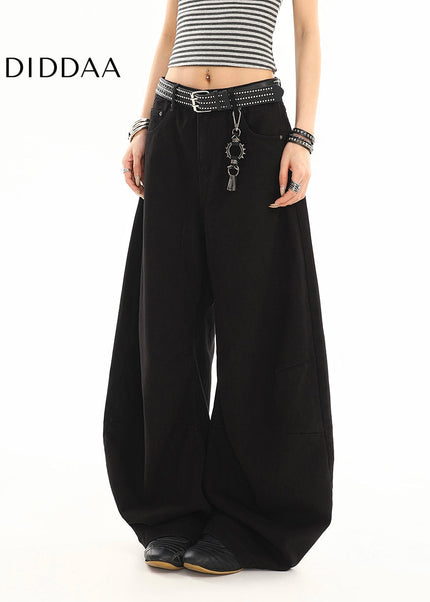 Washed Black Curved Design Loose Straight-Leg Jeans - Women’s Jeans