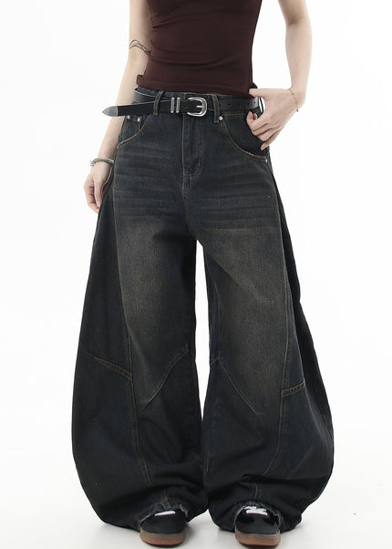 Washed Black Distressed Loose Wide-Leg Scimitar Jeans - Women’s Jeans
