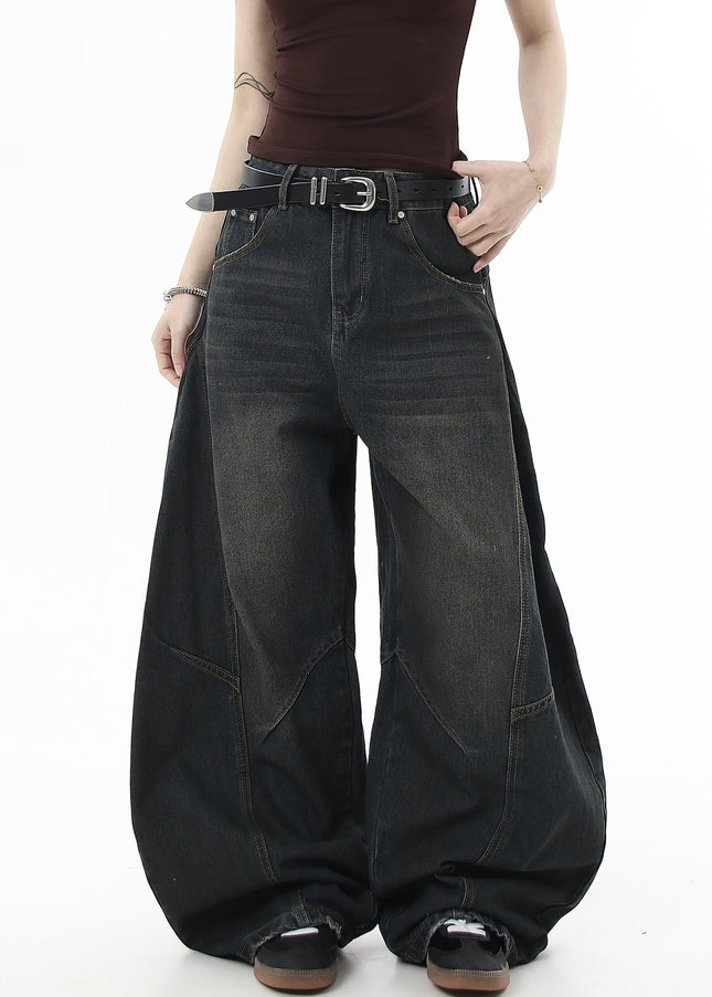 Washed Black Distressed Loose Wide-Leg Scimitar Jeans - Women’s Jeans