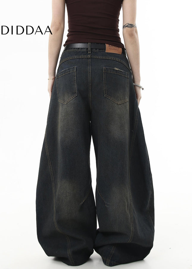 Washed Black Distressed Loose Wide-Leg Scimitar Jeans - Women’s Jeans