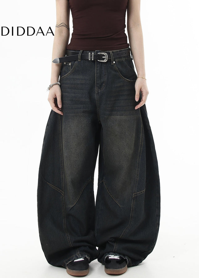 Washed Black Distressed Loose Wide-Leg Scimitar Jeans - Women’s Jeans