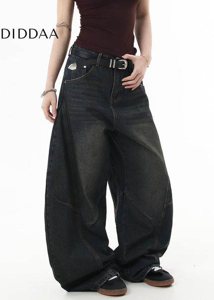Washed Black Distressed Loose Wide-Leg Scimitar Jeans - Women’s Jeans