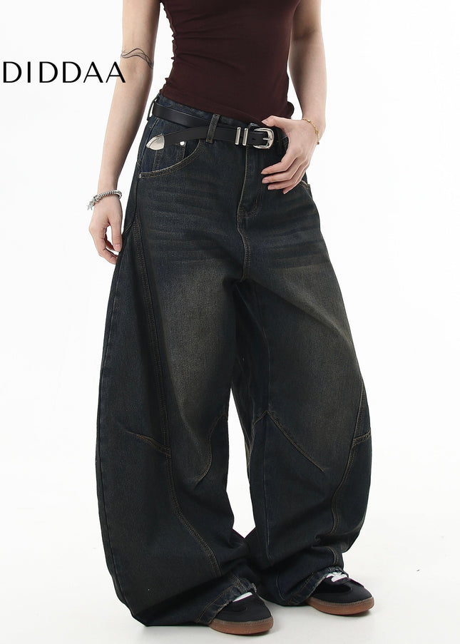 Washed Black Distressed Loose Wide-Leg Scimitar Jeans - Women’s Jeans