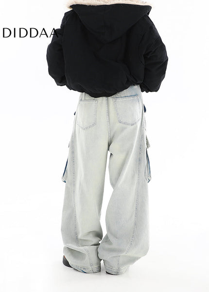 Washed Blue Distressed Multi-Pocket Cargo Jeans - Women’s Jeans