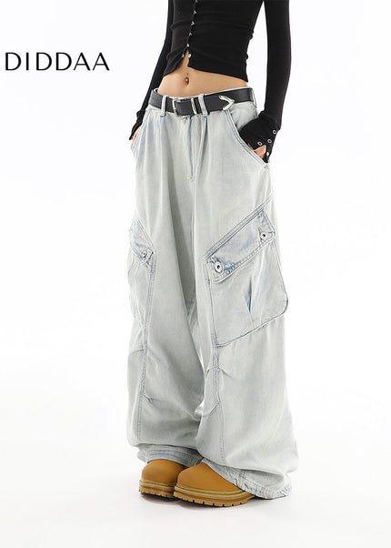 Washed Blue Distressed Multi-Pocket Cargo Jeans - Women’s Jeans