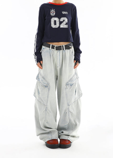 Washed Blue Distressed Multi-Pocket Cargo Jeans - Women’s Jeans