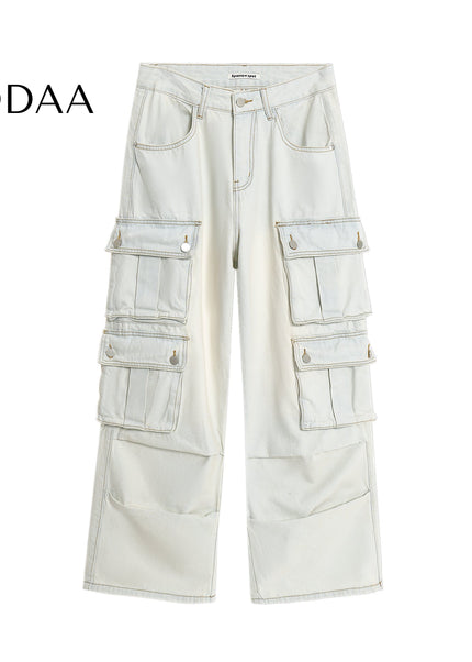 Washed Blue Multi-Pocket Cargo Jeans for Men and Women - S / Light Blue - Women’s Jeans