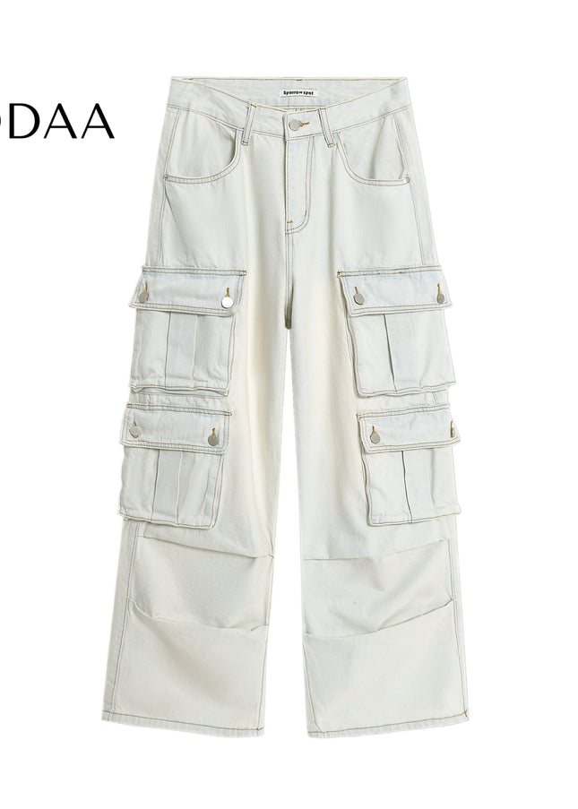 Washed Blue Multi-Pocket Cargo Jeans for Men and Women - S / Light Blue - Women’s Jeans