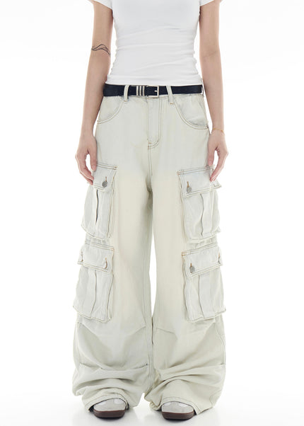 Washed Blue Multi-Pocket Cargo Jeans for Men and Women - Women’s Jeans