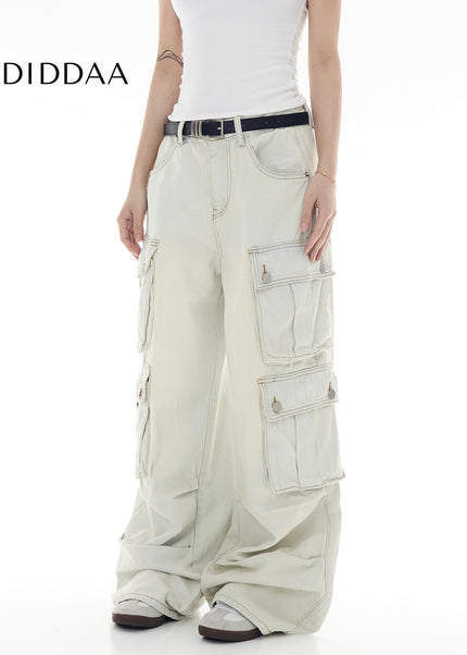 Washed Blue Multi-Pocket Cargo Jeans for Men and Women - Women’s Jeans