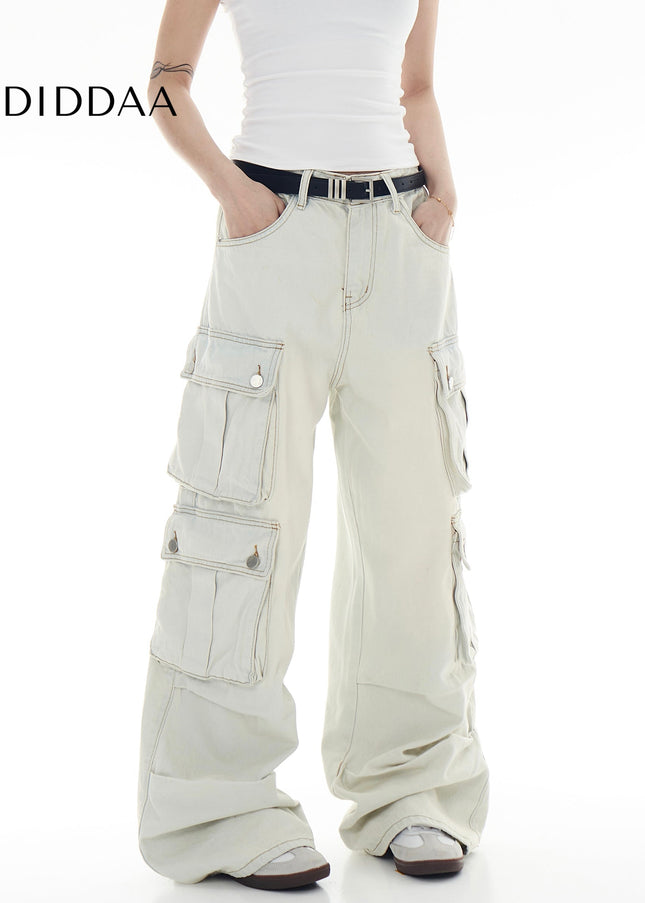 Washed Blue Multi-Pocket Cargo Jeans for Men and Women - Women’s Jeans