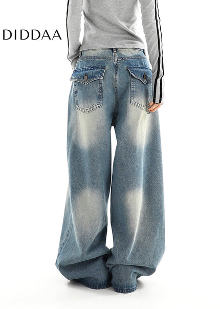 Washed Distressed Cargo Wide Leg Jeans for Women - Women’s Jeans