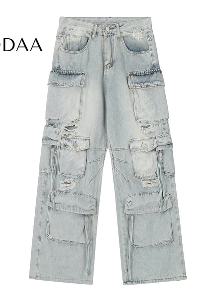 Washed Ripped Multi-Pocket Cargo Pants Black - S / Blue - Women’s Jeans