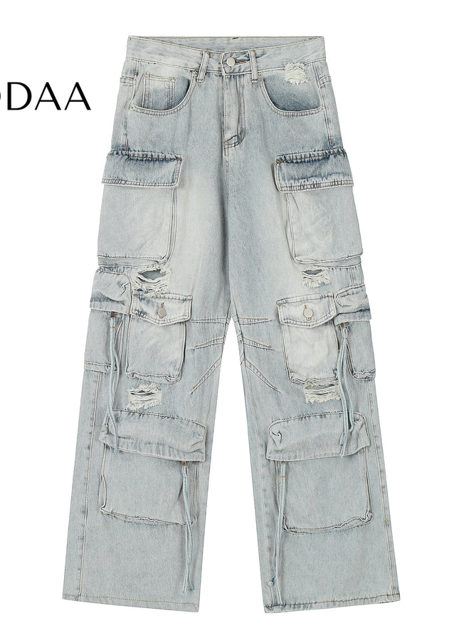 Washed Ripped Multi-Pocket Cargo Pants Black - S / Blue - Women’s Jeans