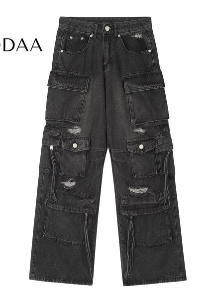 Washed Ripped Multi-Pocket Cargo Pants Black - S / Black - Women’s Jeans