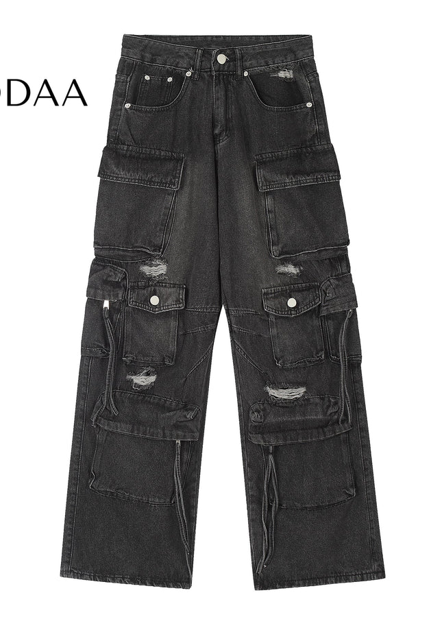 Washed Ripped Multi-Pocket Cargo Pants Black - S / Black - Women’s Jeans