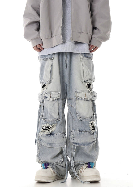 Washed Ripped Multi-Pocket Cargo Pants Black - Women’s Jeans