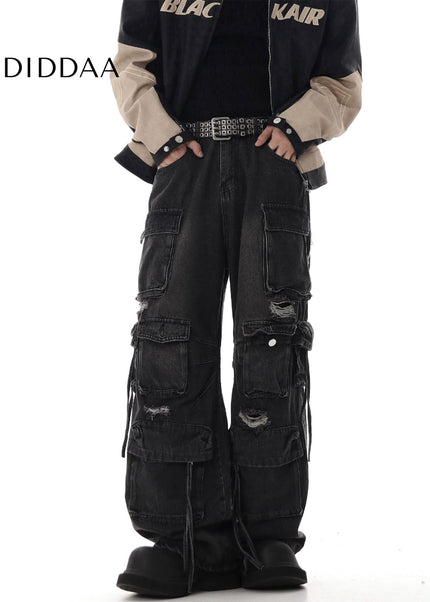 Washed Ripped Multi-Pocket Cargo Pants Black - Women’s Jeans