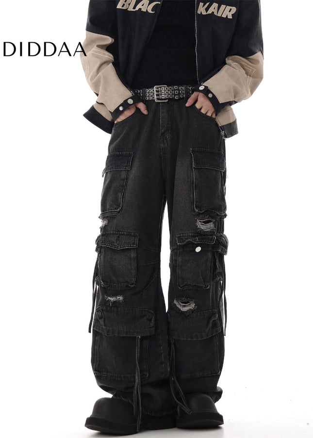 Washed Ripped Multi-Pocket Cargo Pants Black - Women’s Jeans