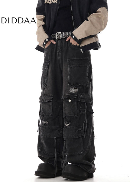 Washed Ripped Multi-Pocket Cargo Pants Black - Women’s Jeans