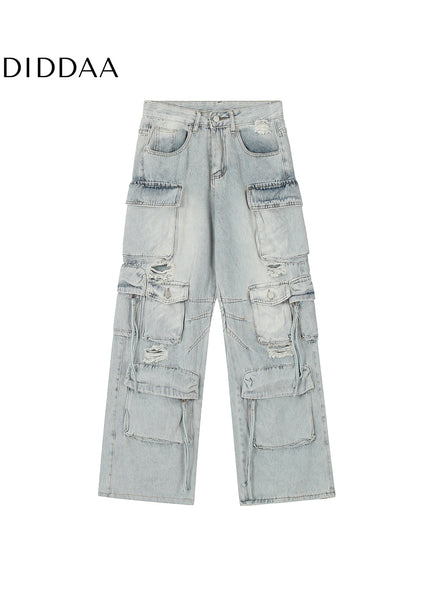 Washed Ripped Multi-Pocket Cargo Pants Black - Women’s Jeans