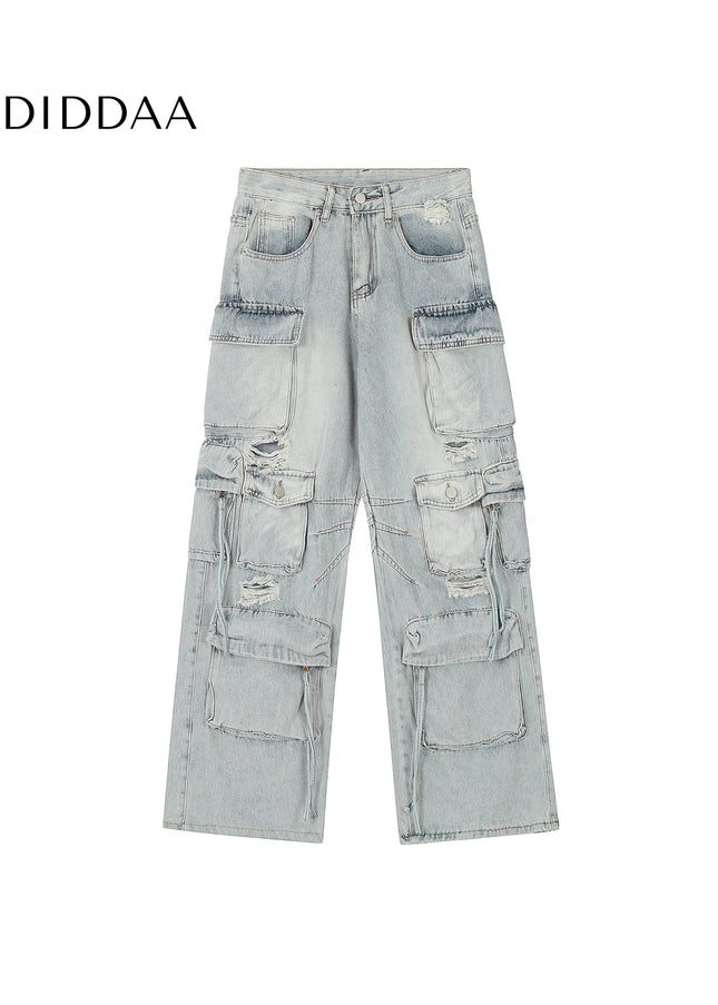 Washed Ripped Multi-Pocket Cargo Pants Black - Women’s Jeans