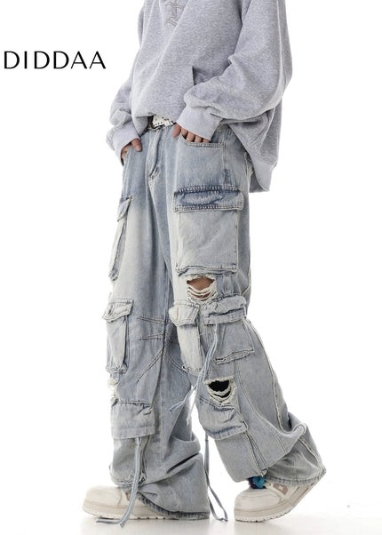 Washed Ripped Multi-Pocket Cargo Pants Black - Women’s Jeans