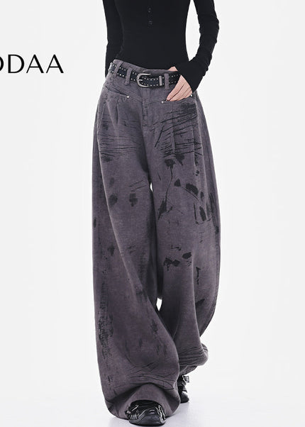 White Bow Print High-Waisted Wide-Leg Jeans - S / Dark Grey - Women’s Jeans