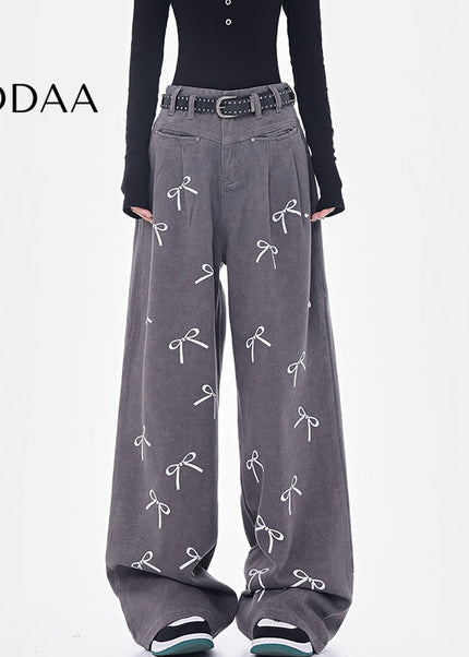 White Bow Print High-Waisted Wide-Leg Jeans - S / Grey - Women’s Jeans