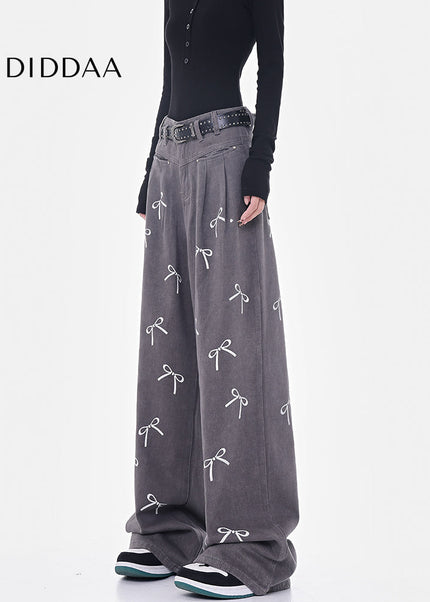 White Bow Print High-Waisted Wide-Leg Jeans - Women’s Jeans