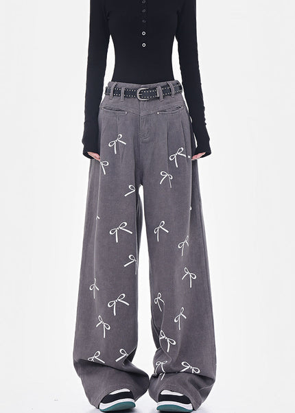 White Bow Print High-Waisted Wide-Leg Jeans - Women’s Jeans