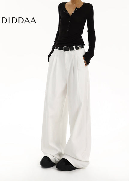 White High-Waisted Pleated Wide-Leg Jeans for Women - Women’s Jeans